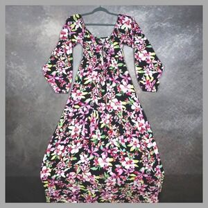 Roxy Floral Cutout Knot Front Maxi Dress Boho Flowy Cottagecore Black Pink S NWT